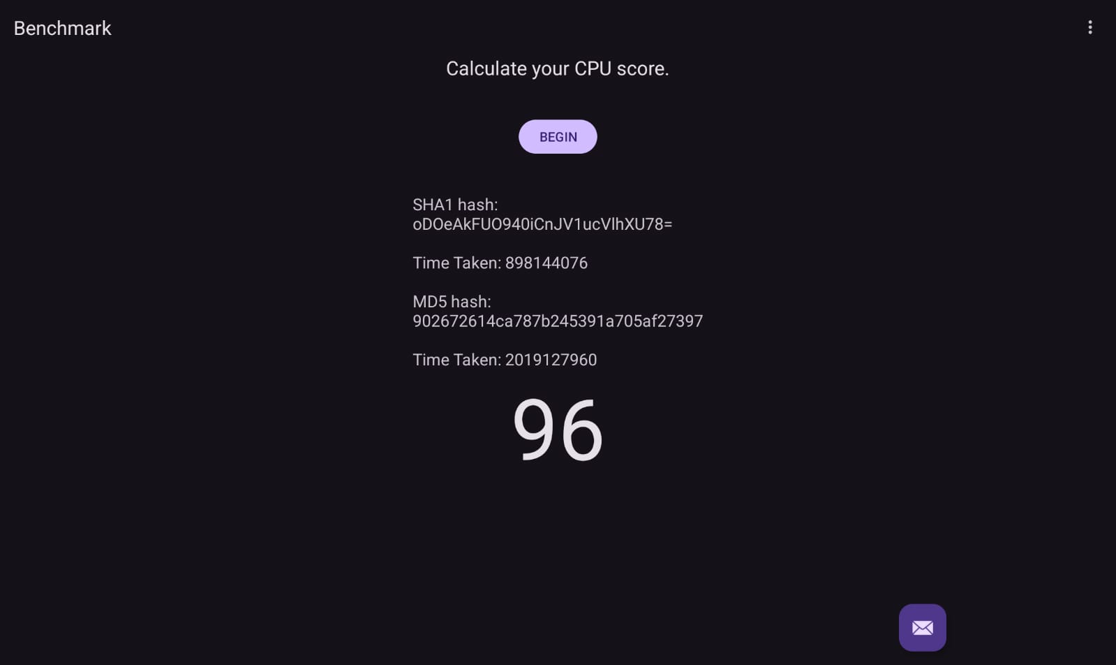 Benchmark app on tablet showing main performance interface